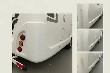 Caravan rear corner body repair and repaint in workshop