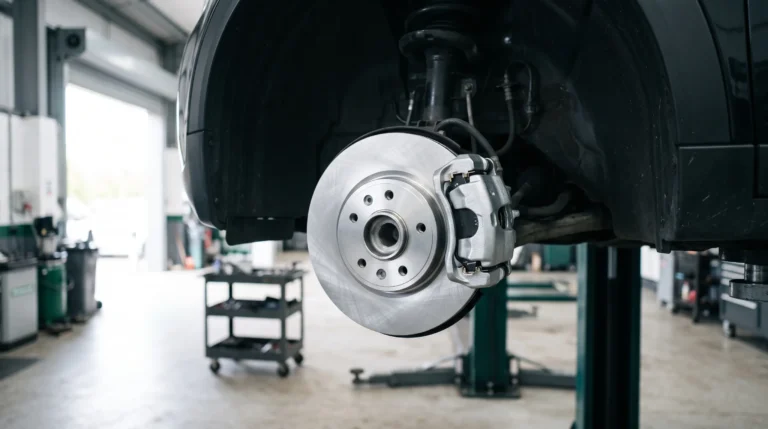 New brake disc and caliper fitted to a car