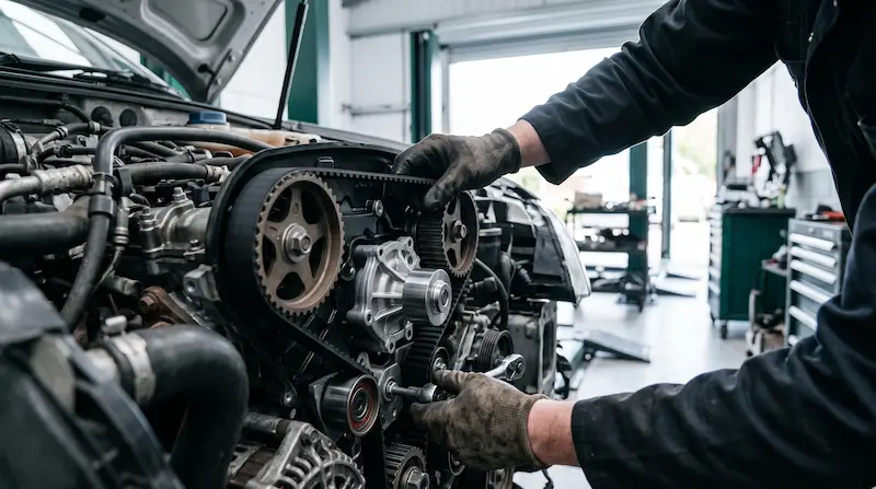Mechanic fitting a new cambelt to an engine
