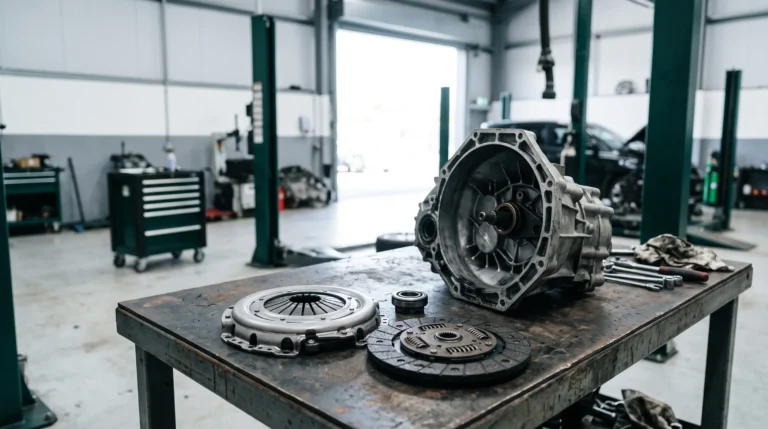Clutch kit and gearbox on a workshop bench