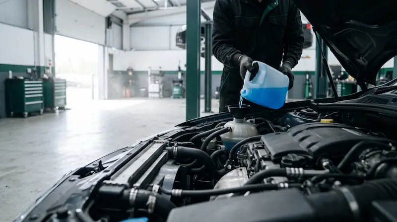 Mechanic topping up coolant under a car bonnet