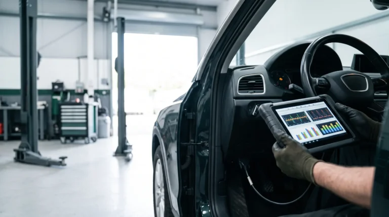 Diagnostic tablet plugged into a car