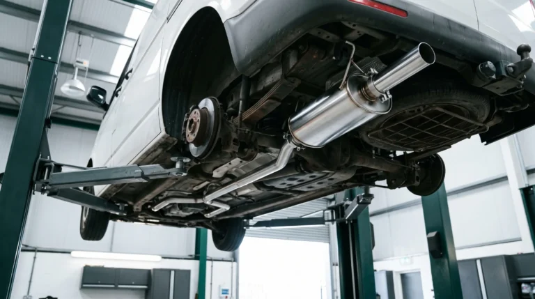 Exhaust system on the underside of a vehicle on a ramp