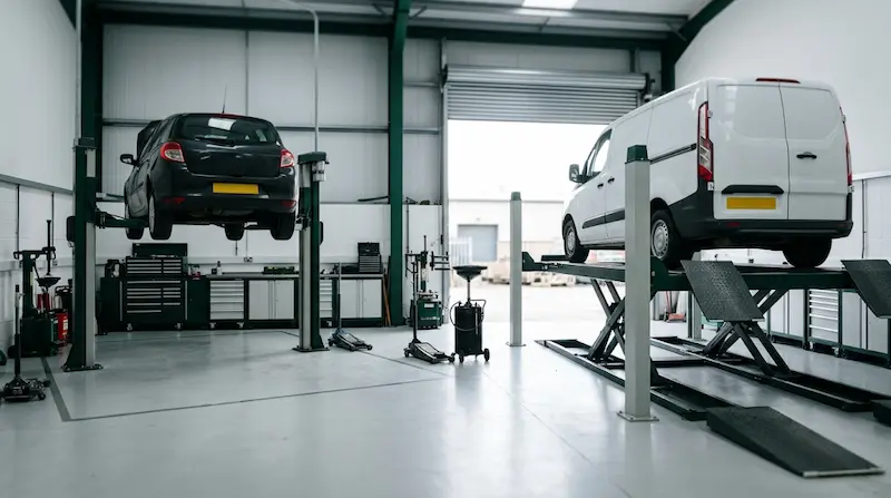 Car and van raised on ramps in the Motorhome Kings workshop