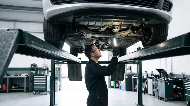 Mechanic checking the underside of a car on a ramp before its MOT