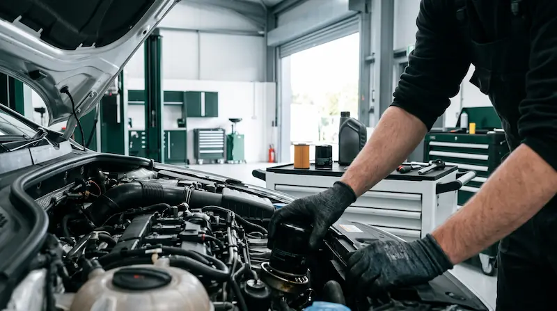 Mechanic changing an oil filter during a car service