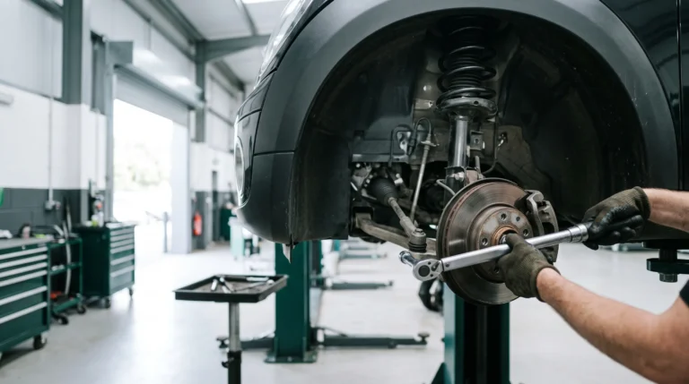 Mechanic working on car suspension with the wheel removed