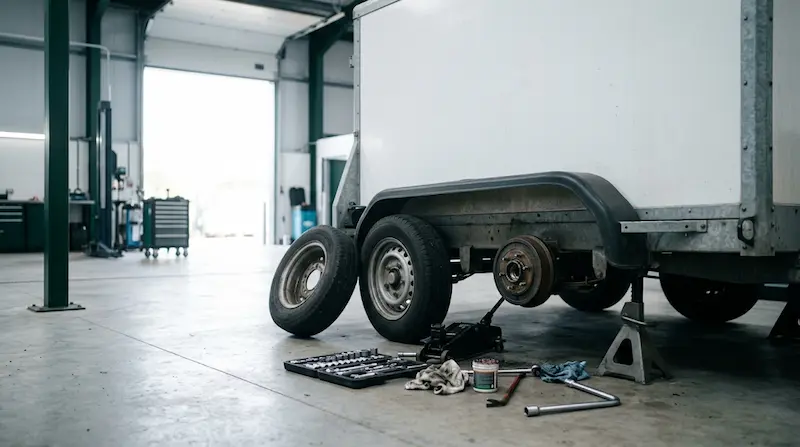 Box trailer in the workshop with a wheel removed