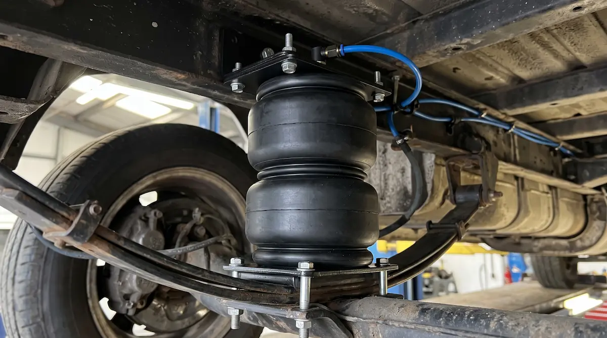 Air suspension bellow fitted between the leaf spring and chassis of a motorhome